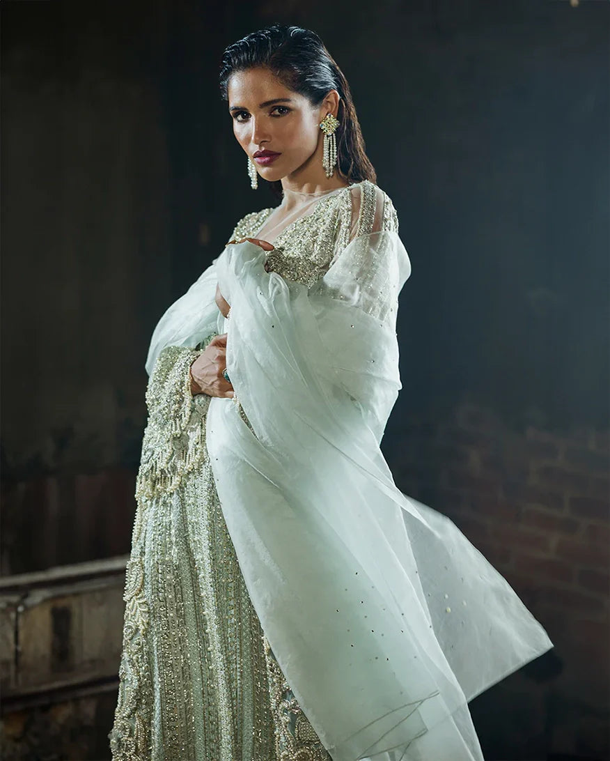 Women Wearing Cardamine Aqua Long Shirt for Wedding Events - Pakistani Designer Wear for Women in UK | Kifat