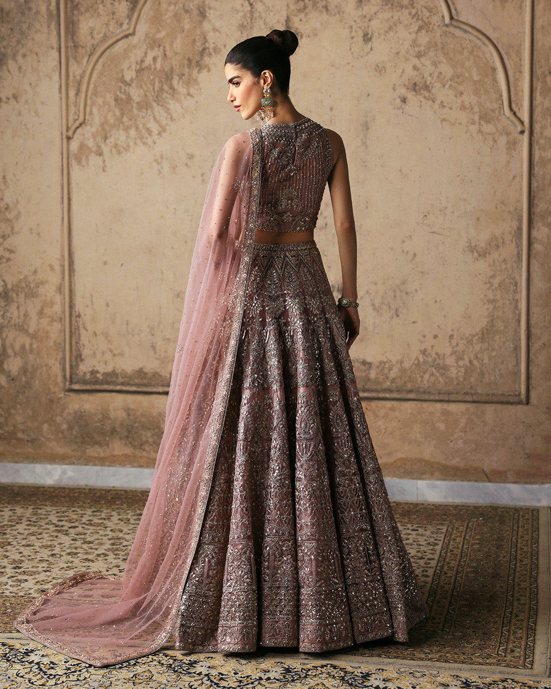 Model Wearing Faiza Saqlain Prenia Dusty Rose Lehnga Choli for wedding wear - Pakistani Designer Wear for Women in UK | Kifat
