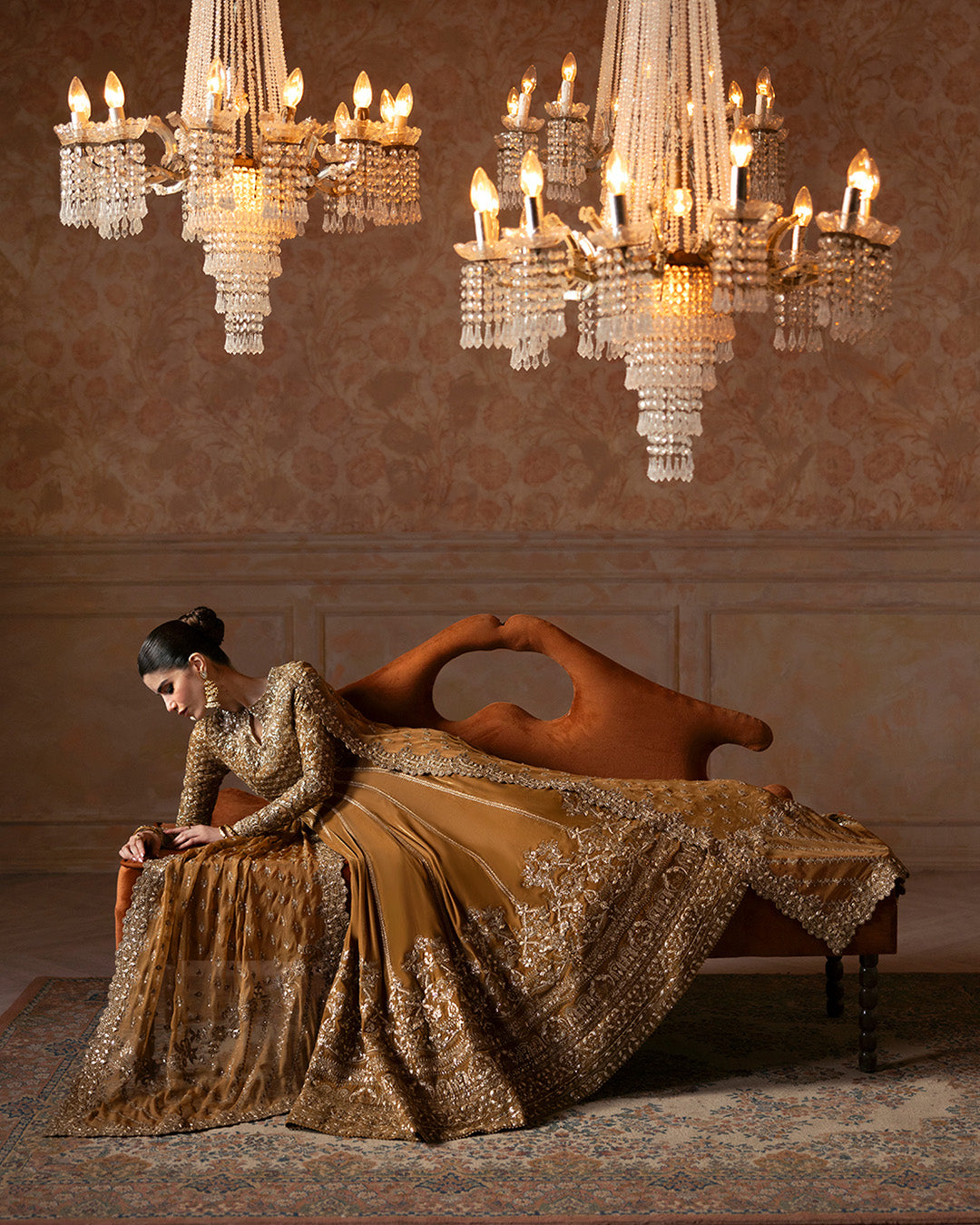 Model Wearing Faiza Saqlain Ermina Mustard Pishwas with Churidaar for wedding wear - Pakistani Designer Wear for Women in UK | Kifat