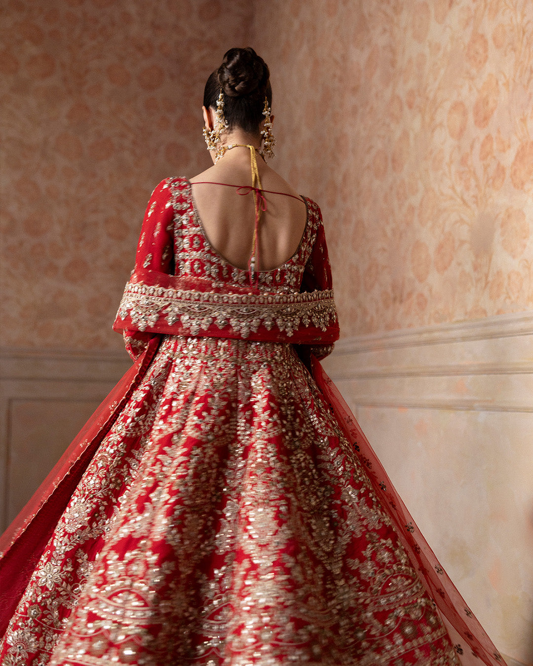 Model Wearing Faiza Saqlain Savina Coral Red Shirt with Culottes for wedding wear - Pakistani Designer Wear for Women in UK | Kifat