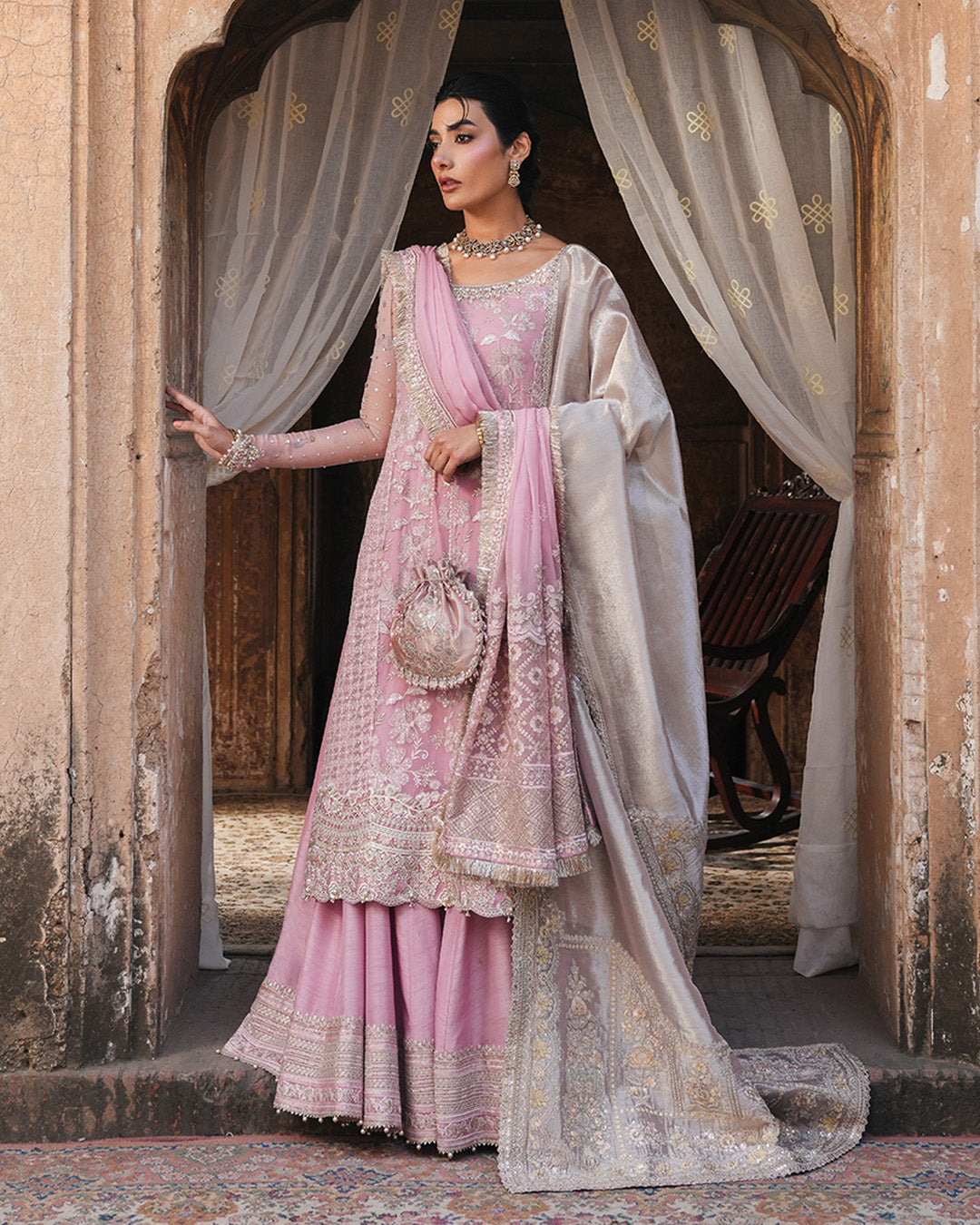 Model Wearing Faiza Saqlain Vemita Candy Floss Shirt with Sharara for wedding wear - Pakistani Designer Wear for Women in UK | Kifat