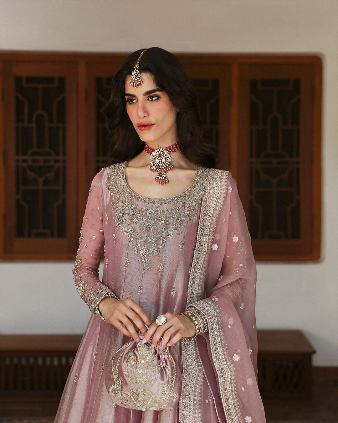 Model Wearing Faiza Saqlain Halina Seashell Pink Pishwas with Churidaar for wedding wear - Pakistani Designer Wear for Women in UK | Kifat