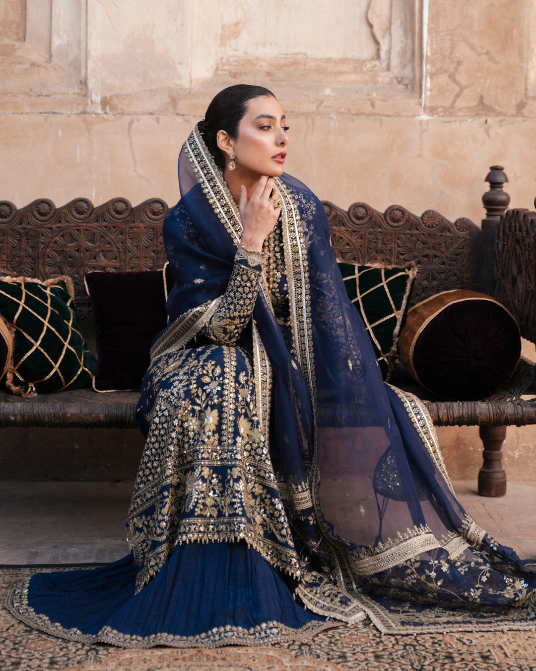 Model Wearing Faiza Saqlain Ayska Navy Blue Shirt with Sharara for formal events wear - Pakistani Designer Wear for Women in UK | Kifat