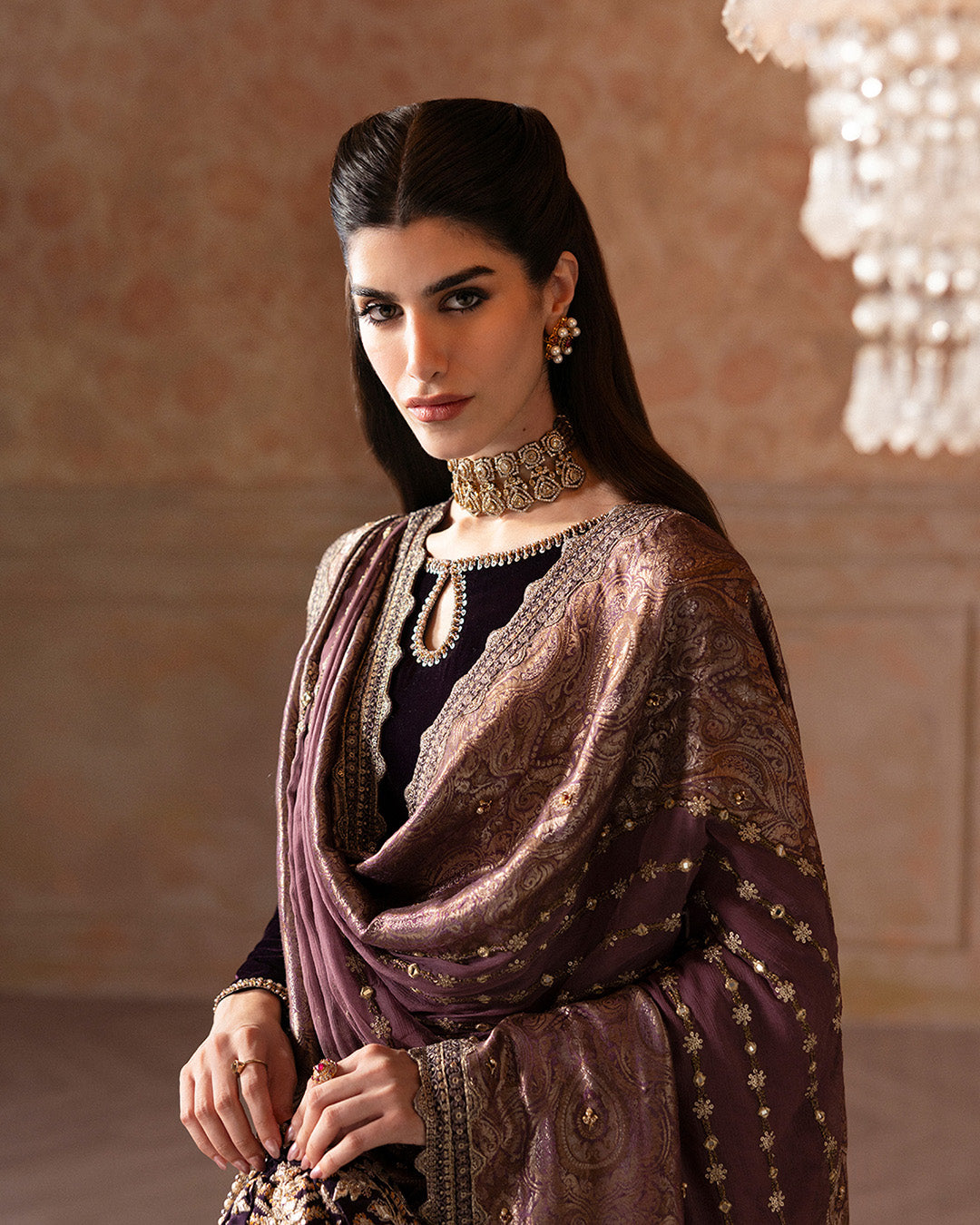 Model Wearing Faiza Saqlain Erna Aubergine Shirt with Culottes for formal events wear - Pakistani Designer Wear for Women in UK | Kifat