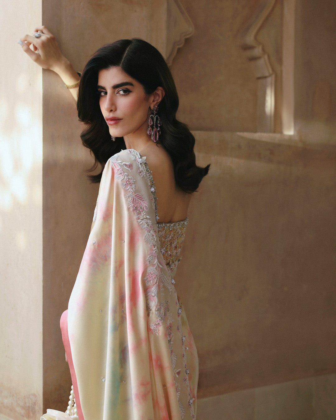 Model Wearing Faiza Saqlain Kalara Multi Tie-and-Dye Saree for wedding wear - Pakistani Designer Wear for Women in UK | Kifat