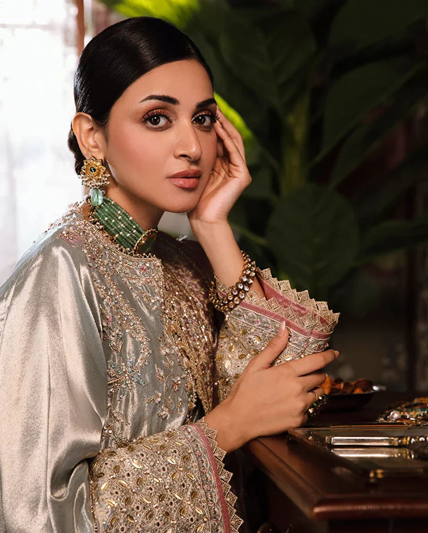 Women Wearing Amaya Aqua Silver Long Shirt for Formal Events - Pakistani Designer Wear for Women in UK | Kifat