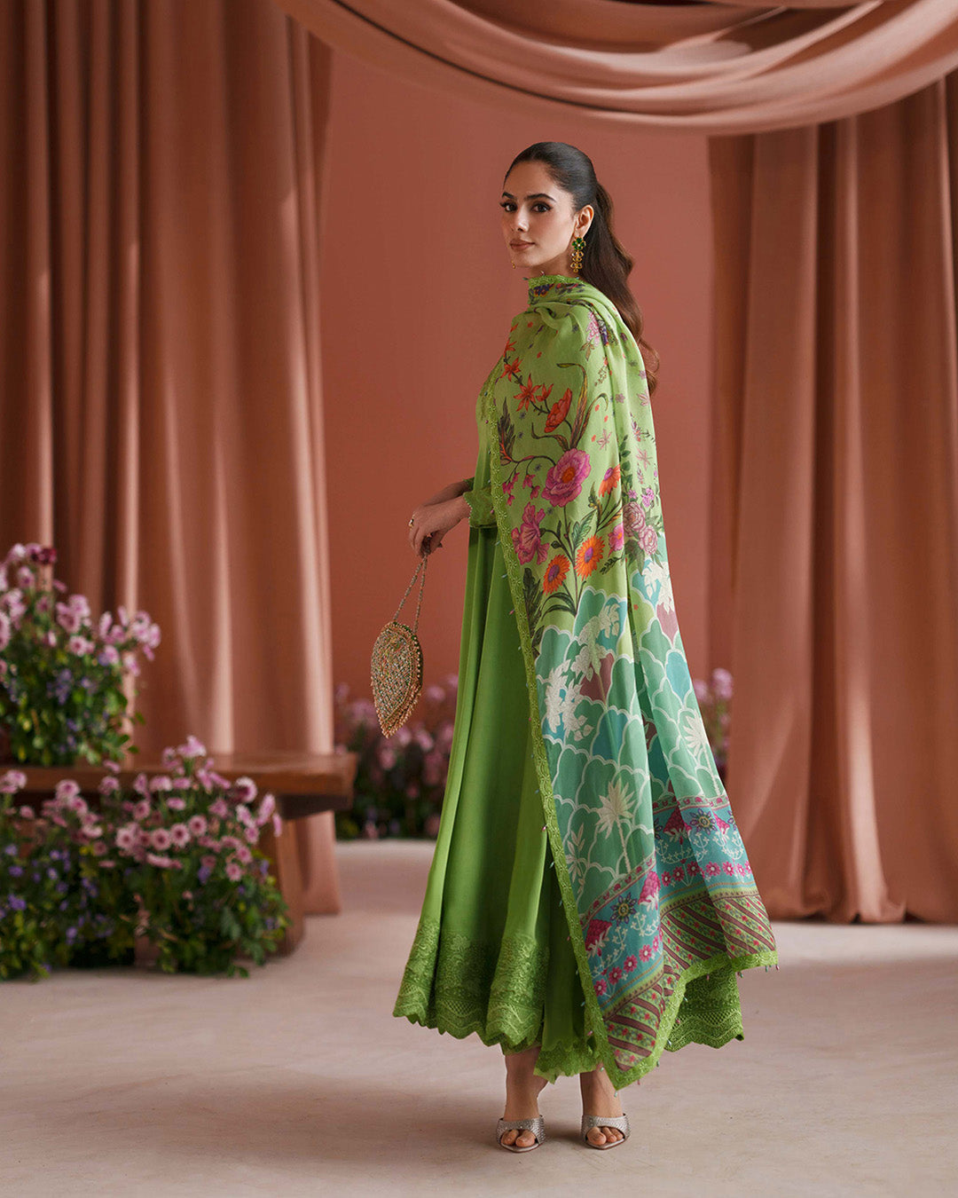 Women Wearing Gomana Pear Green Shirt with Culottes for Luxury Events - Pakistani Designer Wear for Women in UK | Kifat