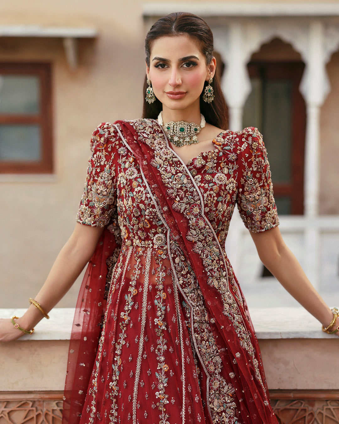 Model Wearing Faiza Saqlain Zelia Red Kalidaar for wedding wear - Pakistani Designer Wear for Women in UK | Kifat