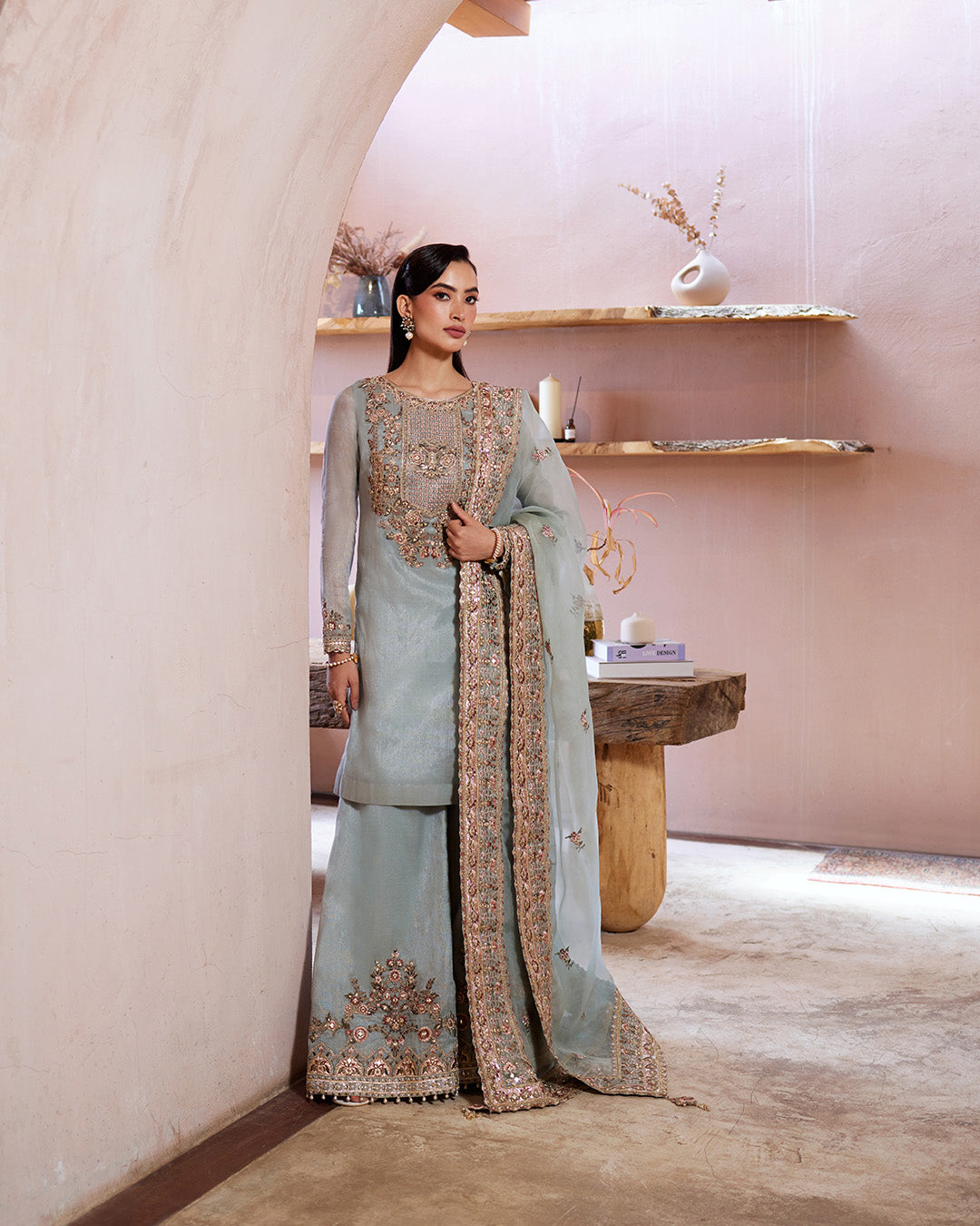 Model Wearing Faiza Saqlain Zaafia Ice Blue Shirt with Flared Pants for wedding wear - Pakistani Designer Wear for Women in UK | Kifat