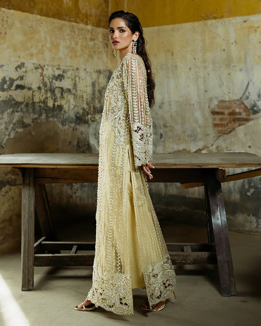 Women Wearing Marguerite Golden Long Shirt for Wedding Events - Pakistani Designer Wear for Women in UK | Kifat
