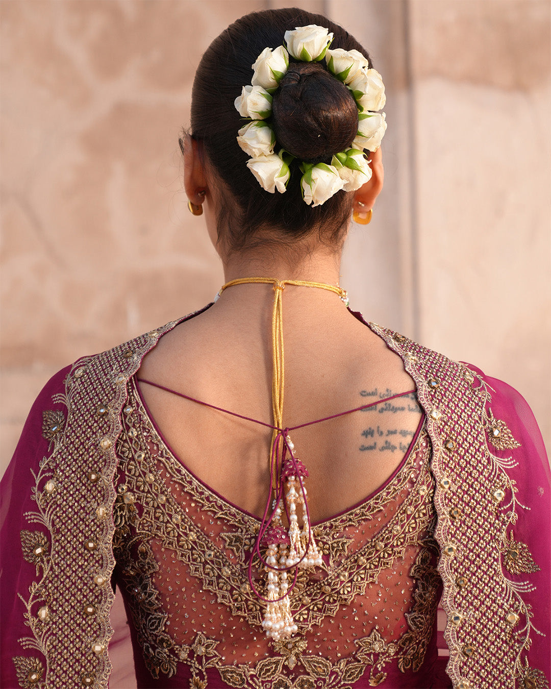 Model Wearing Faiza Saqlain Cassia Vivid Burgundy Pishwas with Churidar for wedding wear - Pakistani Designer Wear for Women in UK | Kifat