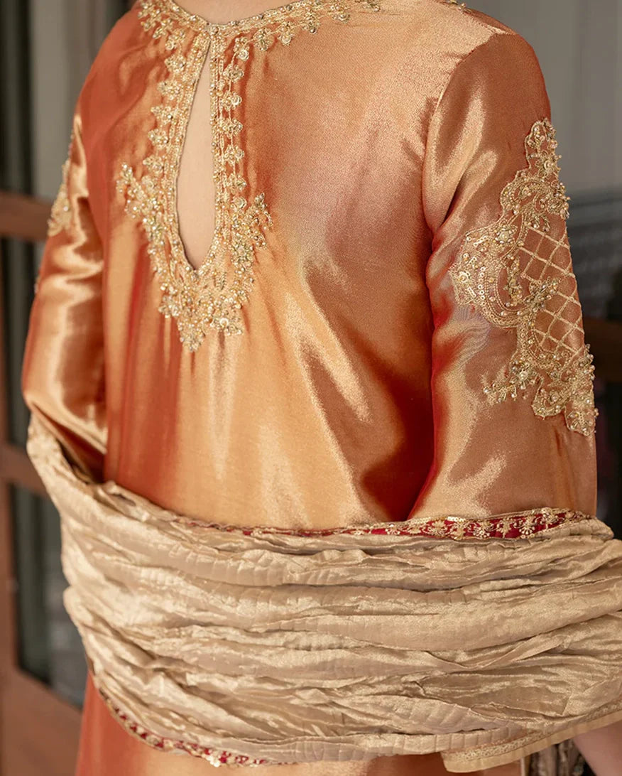 Women Wearing Gul Golden Long Shirt for Formal Events - Pakistani Designer Wear for Women in UK | Kifat