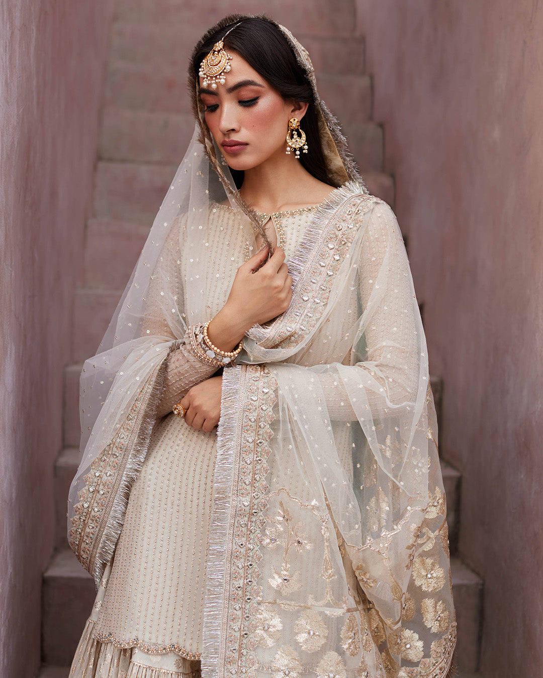 Model Wearing Faiza Saqlain Kaia Off-White Shirt with Gharara for wedding wear - Pakistani Designer Wear for Women in UK | Kifat