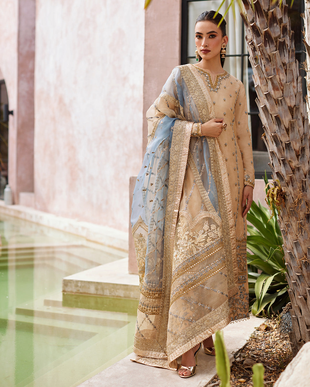 Model Wearing Faiza Saqlain Yelena Fawn Shirt with Culottes for wedding wear - Pakistani Designer Wear for Women in UK | Kifat
