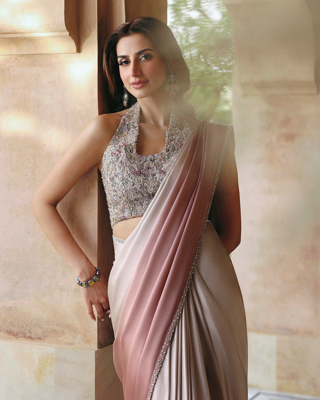 Model Wearing Faiza Saqlain Zoia Ombre Pink Saree for wedding wear - Pakistani Designer Wear for Women in UK | Kifat