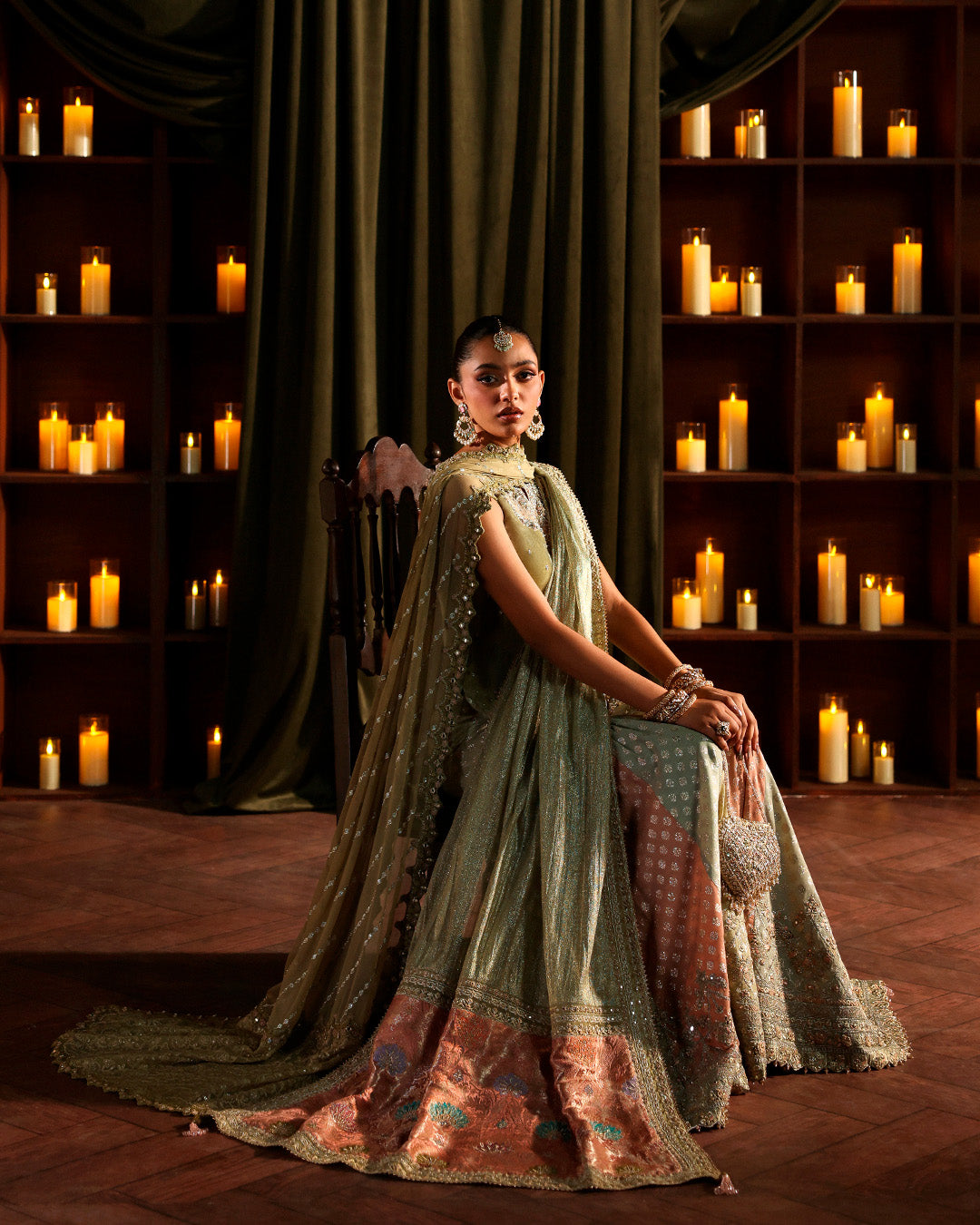 Model Wearing Faiza Saqlain Zerra Muted Olive Green Shirt with Gharara for wedding wear - Pakistani Designer Wear for Women in UK | Kifat
