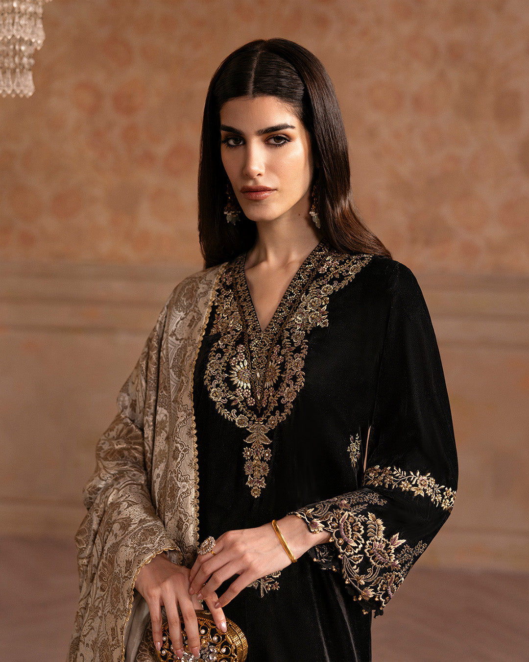 Model Wearing Faiza Saqlain Vita Black Shirt with Trouser for formal events wear - Pakistani Designer Wear for Women in UK | Kifat
