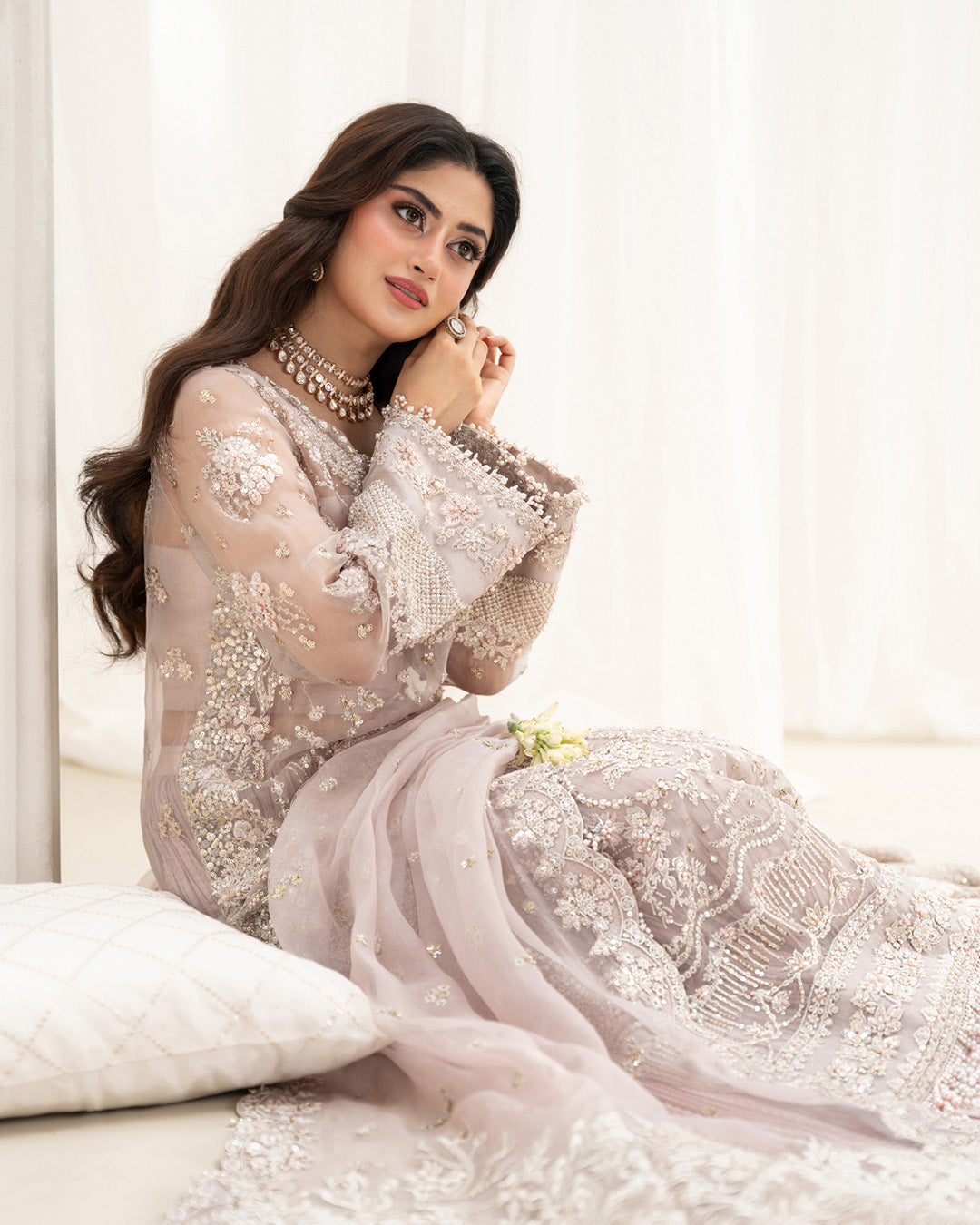 Model Wearing Faiza Saqlain Ela Dusty Rose Shirt with Trouser for formal events wear - Pakistani Designer Wear for Women in UK | Kifat
