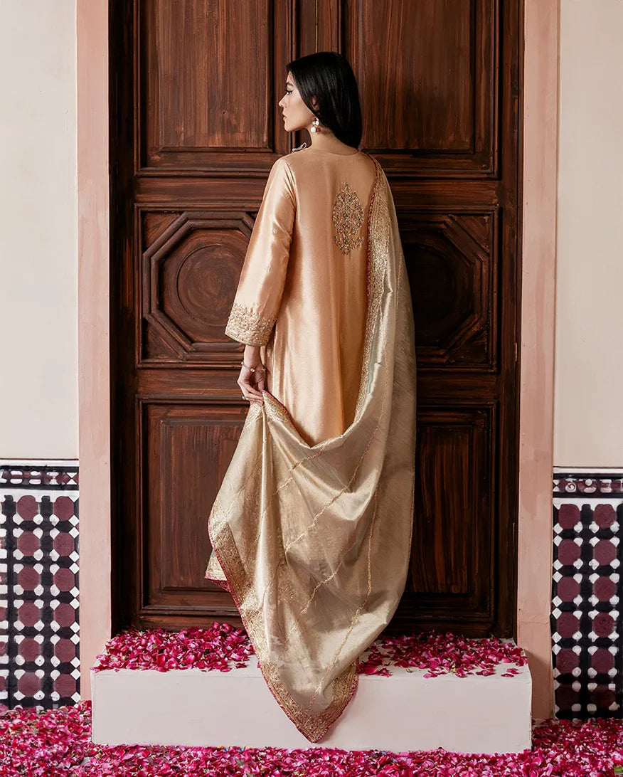 Women Wearing Parisa Peach Gold Long Shirt for Formal Events - Pakistani Designer Wear for Women in UK | Kifat