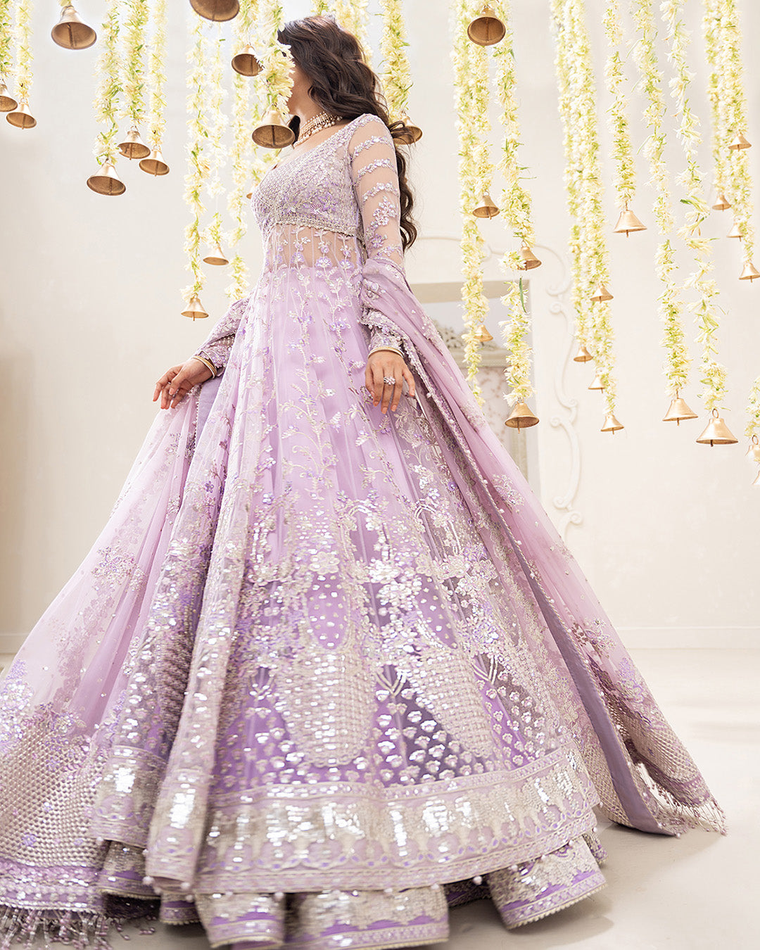 Model Wearing Faiza Saqlain Pinar Lilac Jacket Shirt with Lehnga for wedding wear - Pakistani Designer Wear for Women in UK | Kifat
