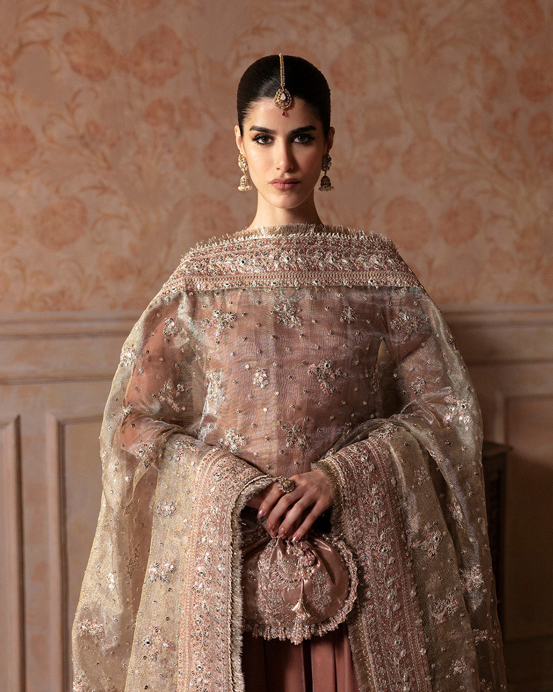 Model Wearing Faiza Saqlain Averna Tea Pink Kalidaar with Culottes for wedding wear - Pakistani Designer Wear for Women in UK | Kifat