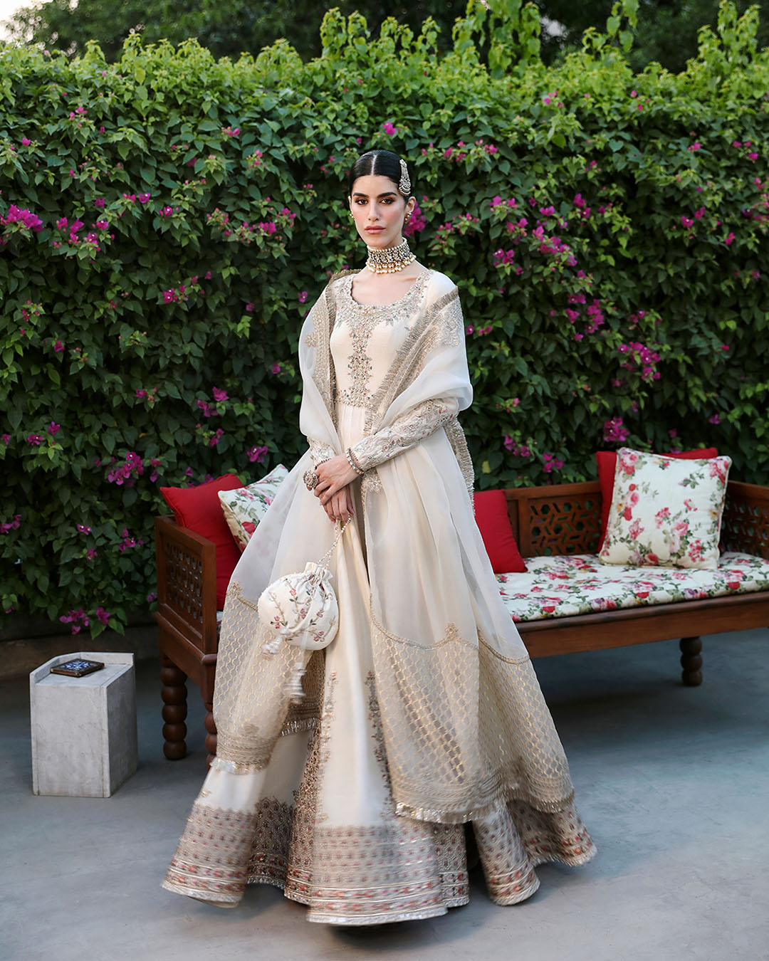 Model Wearing Faiza Saqlain Ailia Off-White Pishwas for wedding wear - Pakistani Designer Wear for Women in UK | Kifat