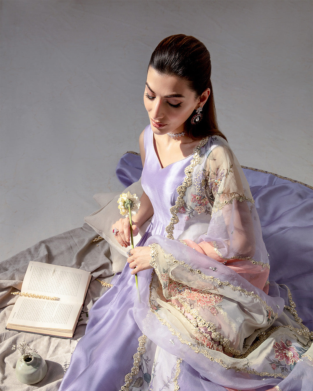 Model Wearing Faiza Saqlain Keva Lilac Pishwas for wedding wear - Pakistani Designer Wear for Women in UK | Kifat