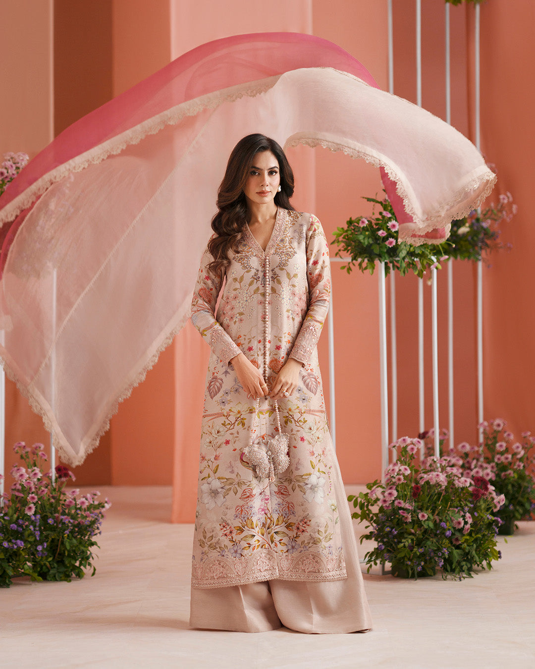 Women Wearing Nermin Nude Beige and Dusty Rose Shirt with Flared Pants for Luxury Events - Pakistani Designer Wear for Women in UK | Kifat