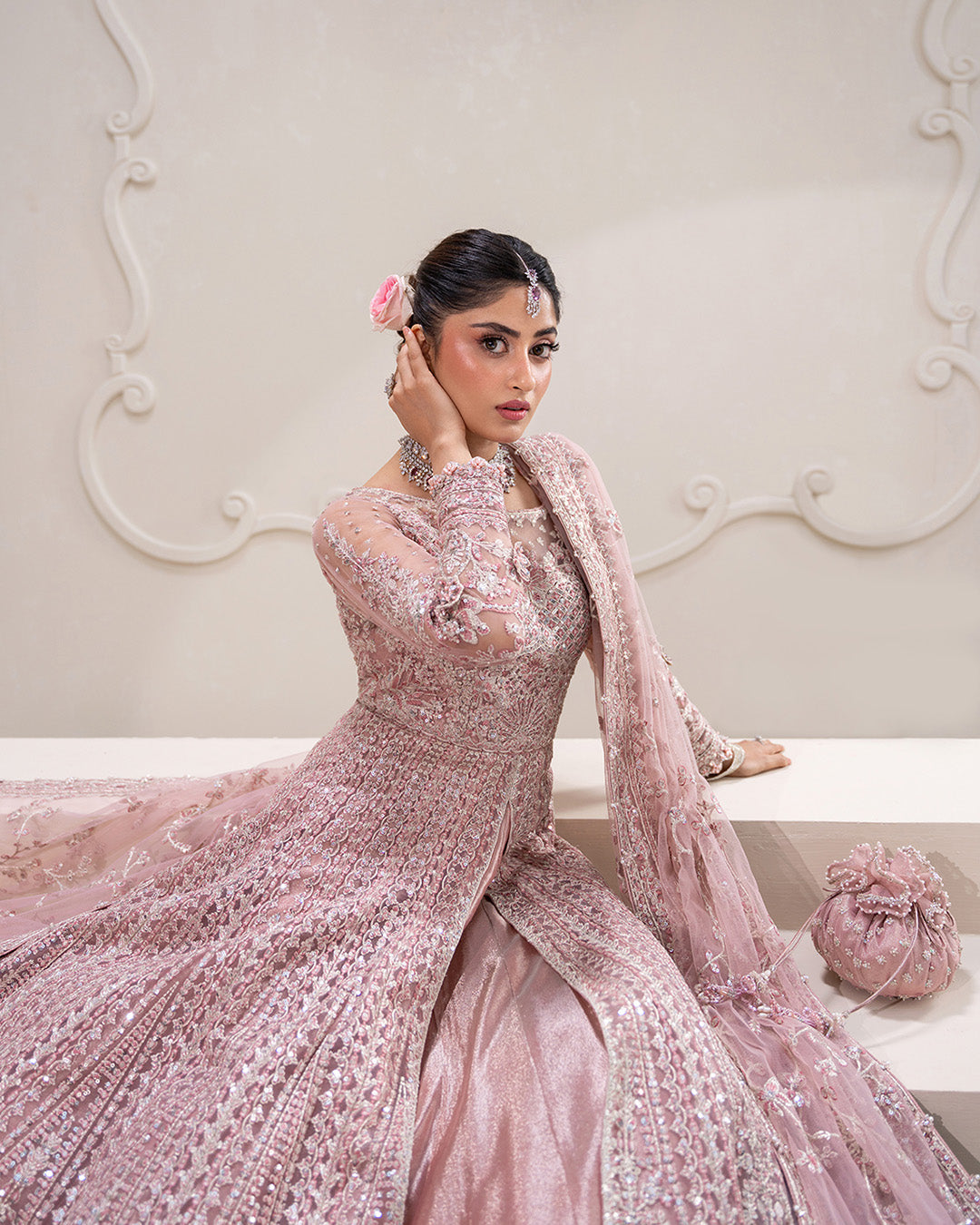 Model Wearing Faiza Saqlain Leyan Dusty Pink Shirt with Lehnga for wedding wear - Pakistani Designer Wear for Women in UK | Kifat