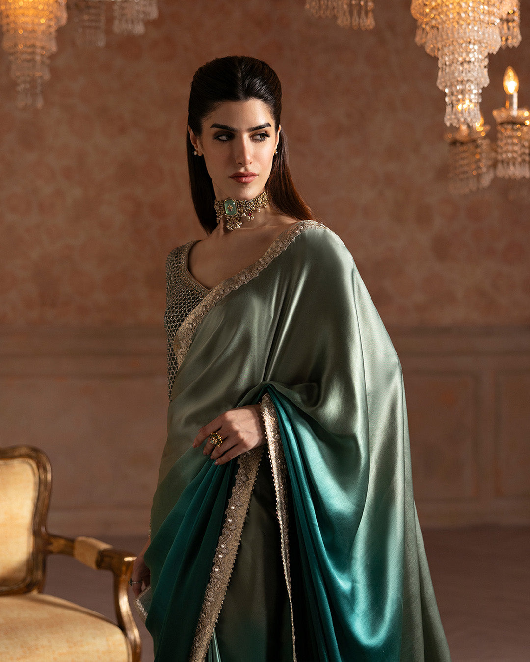 Model Wearing Faiza Saqlain Ailey Ombre Green Saree for wedding wear - Pakistani Designer Wear for Women in UK | Kifat