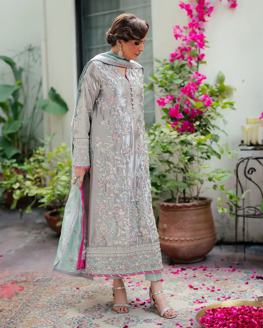 Women Wearing Resham Silver Long Shirt for Formal Events - Pakistani Designer Wear for Women in UK | Kifat
