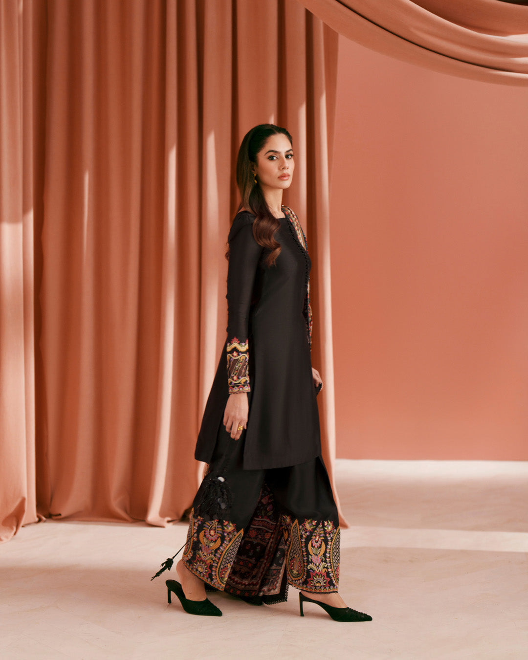 Women Wearing Lulia Black Shirt with Shalwar for Luxury Events - Pakistani Designer Wear for Women in UK | Kifat