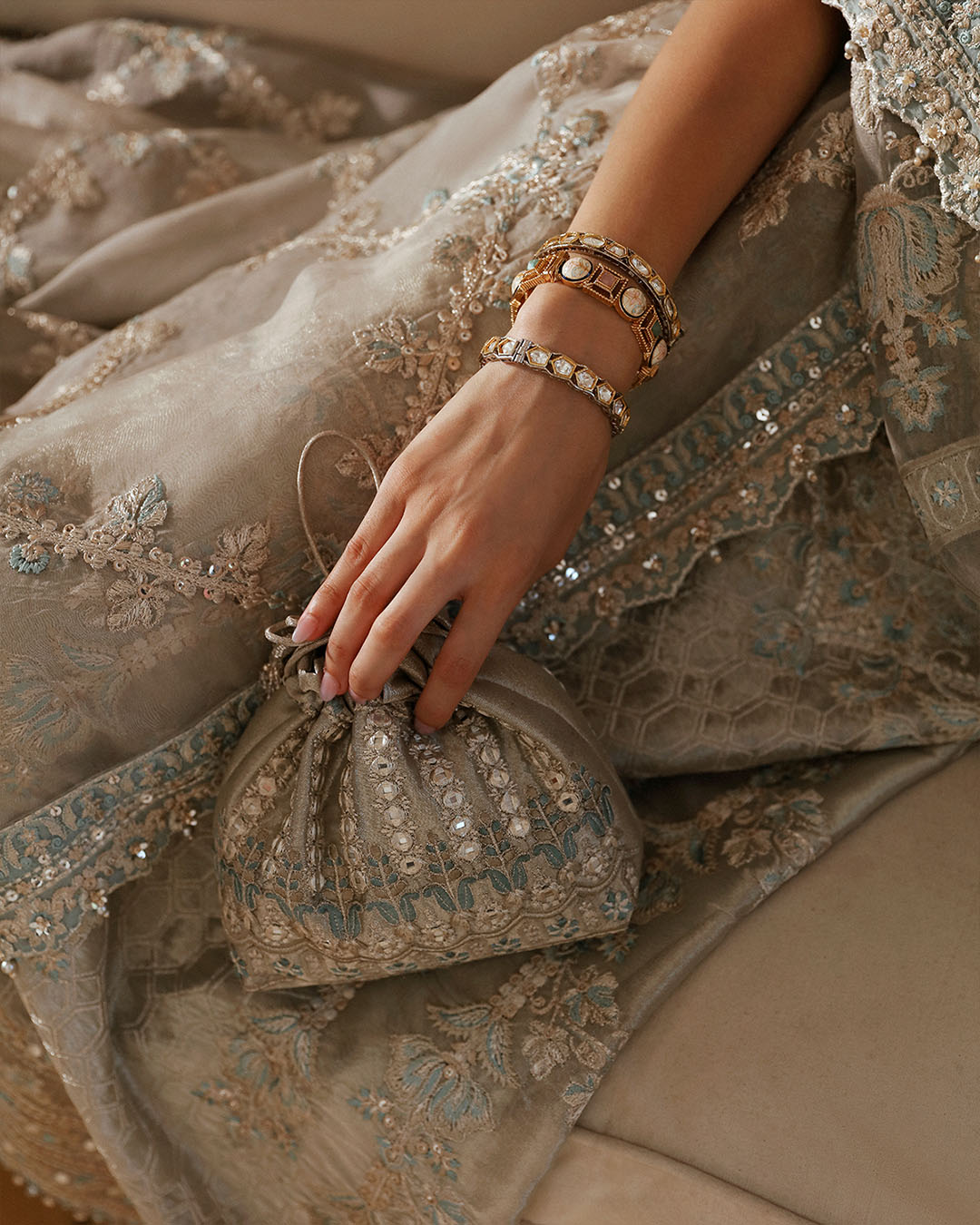 Model Wearing Faiza Saqlain Damaris Light Stone Gray Shirt with Trouser for formal events wear - Pakistani Designer Wear for Women in UK | Kifat
