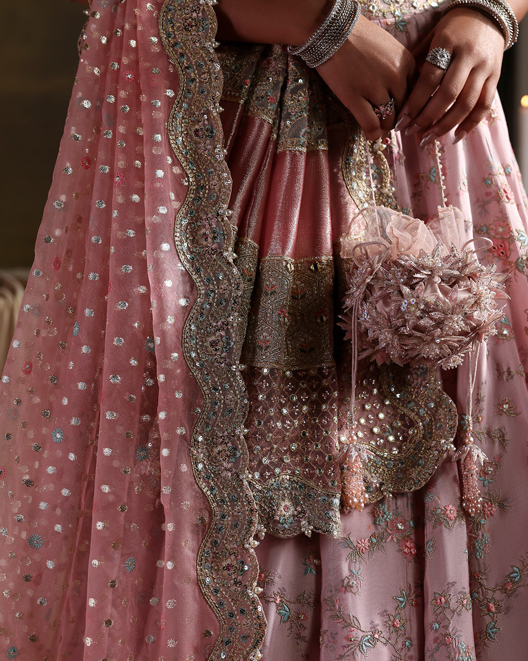 Model Wearing Faiza Saqlain Vanna Dusty Pink Shirt with Lehnga for wedding wear - Pakistani Designer Wear for Women in UK | Kifat