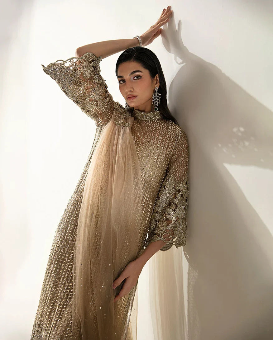 Women Wearing Eve Pale Gold Long Shirt for Festive Events - Pakistani Designer Wear for Women in UK | Kifat