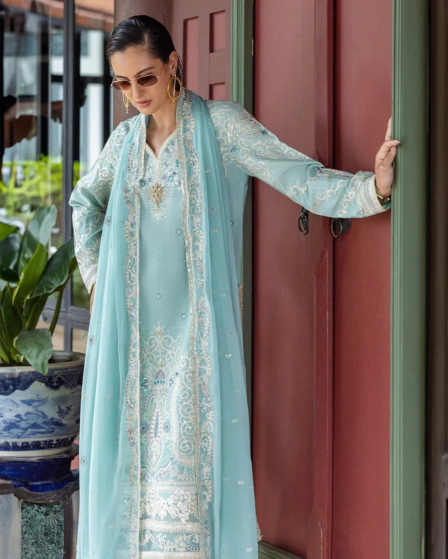 Women Wearing Freyelle Light Blue Long Shirt for Festive Events - Pakistani Designer Wear for Women in UK | Kifat