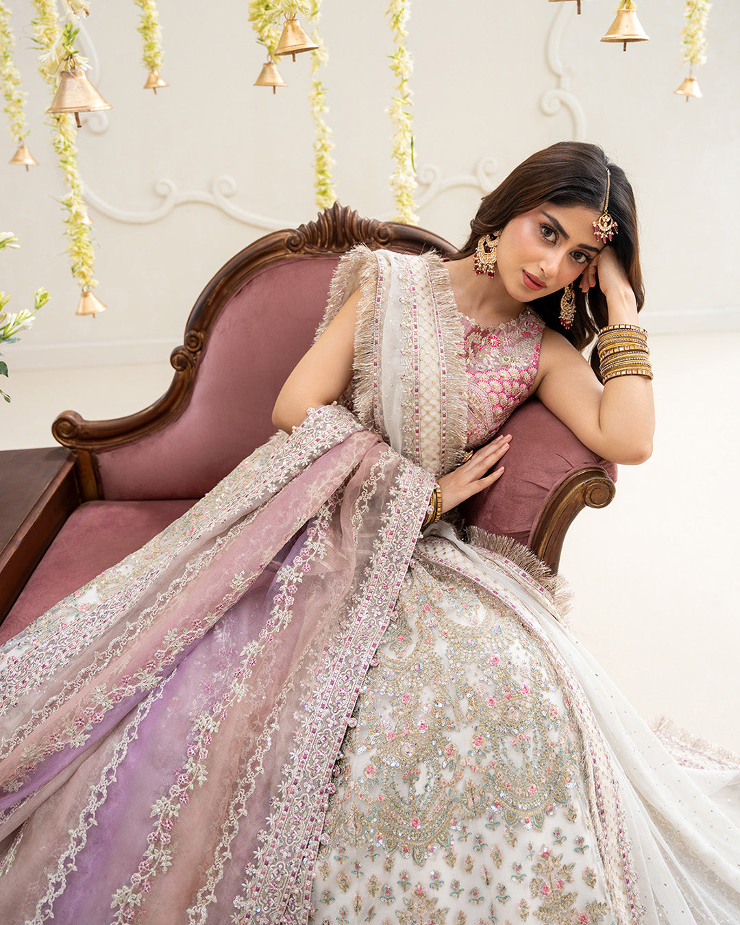 Model Wearing Faiza Saqlain Suzan Multicolor Blouse with Lehnga for wedding wear - Pakistani Designer Wear for Women in UK | Kifat