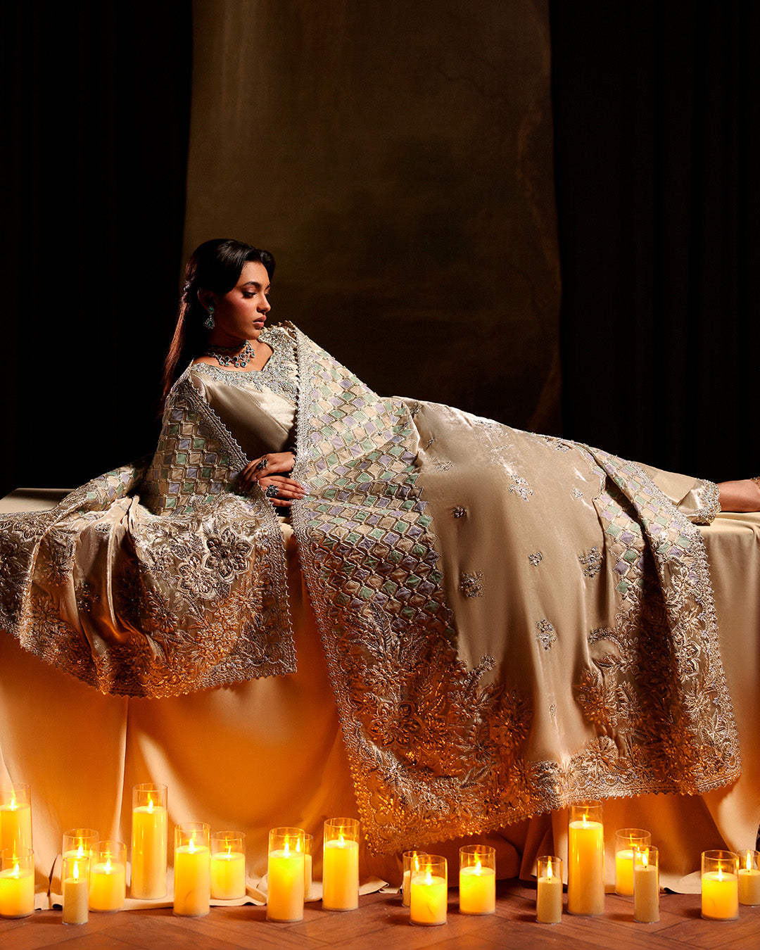 Model Wearing Faiza Saqlain Joella Ivory Gold Kalidaar for wedding wear - Pakistani Designer Wear for Women in UK | Kifat