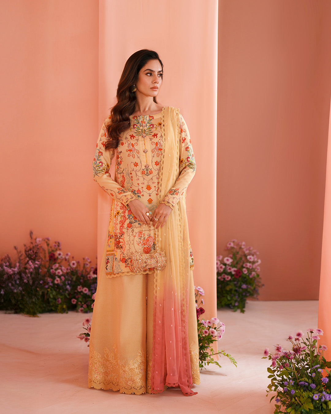 Women Wearing Resal Yellow Shirt with Flared Pants for Luxury Events - Pakistani Designer Wear for Women in UK | Kifat