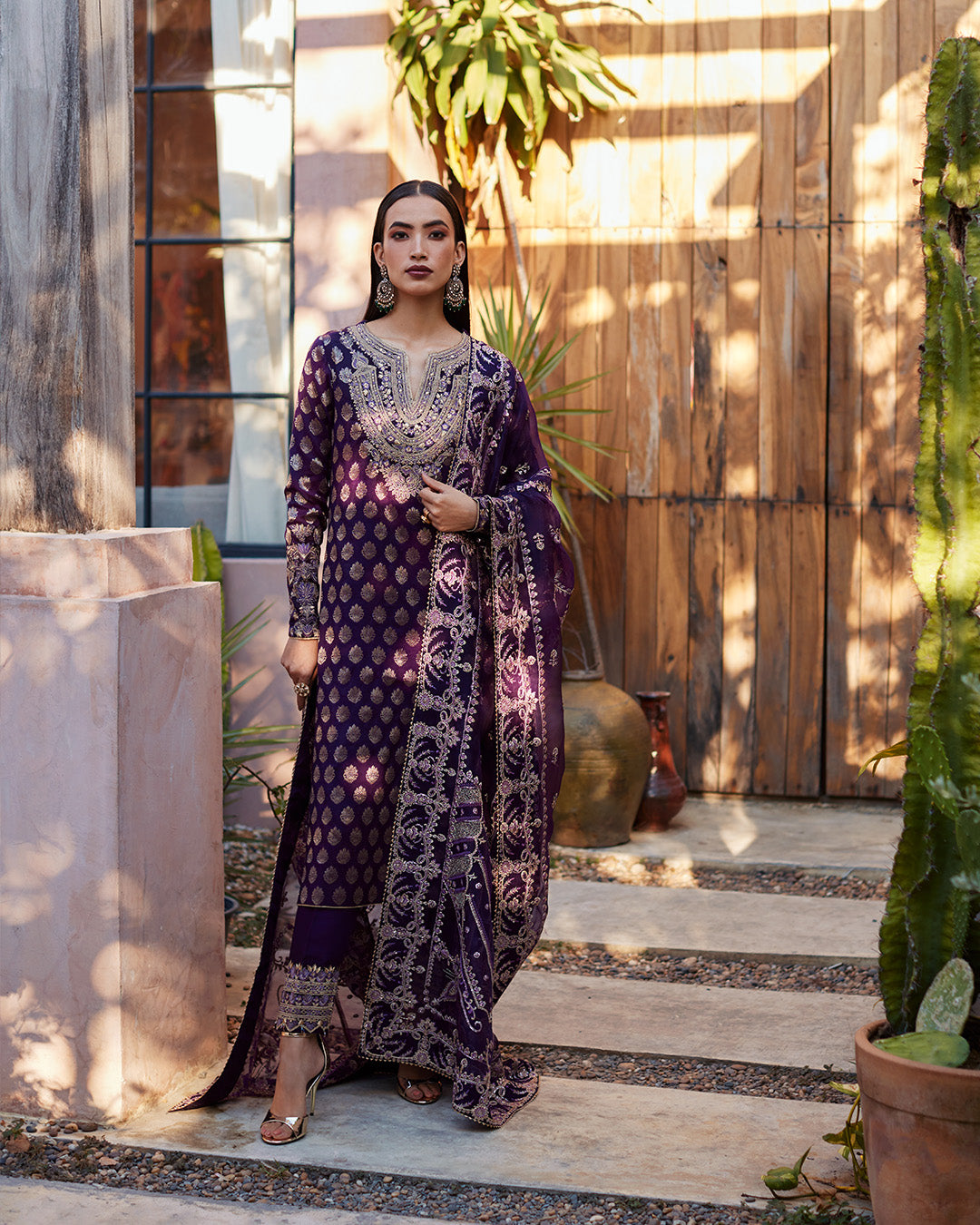 Model Wearing Faiza Saqlain Clara Plum Shirt Trouser for formal events wear - Pakistani Designer Wear for Women in UK | Kifat