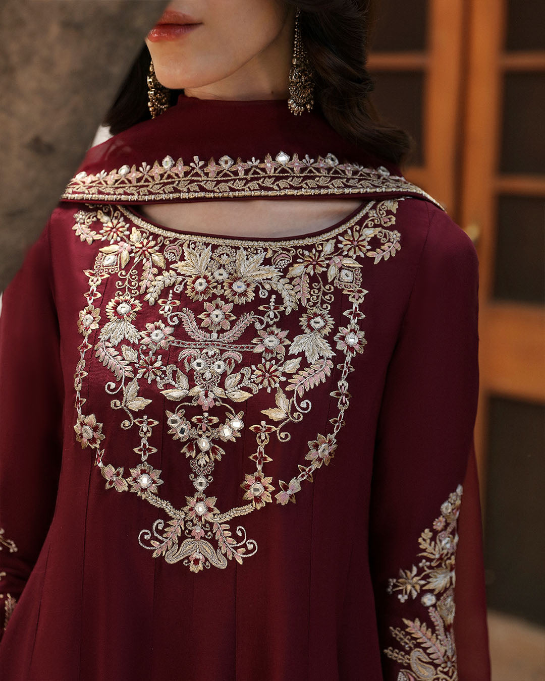 Model Wearing Faiza Saqlain Norine Maroon Shirt with Culottes for formal events wear - Pakistani Designer Wear for Women in UK | Kifat