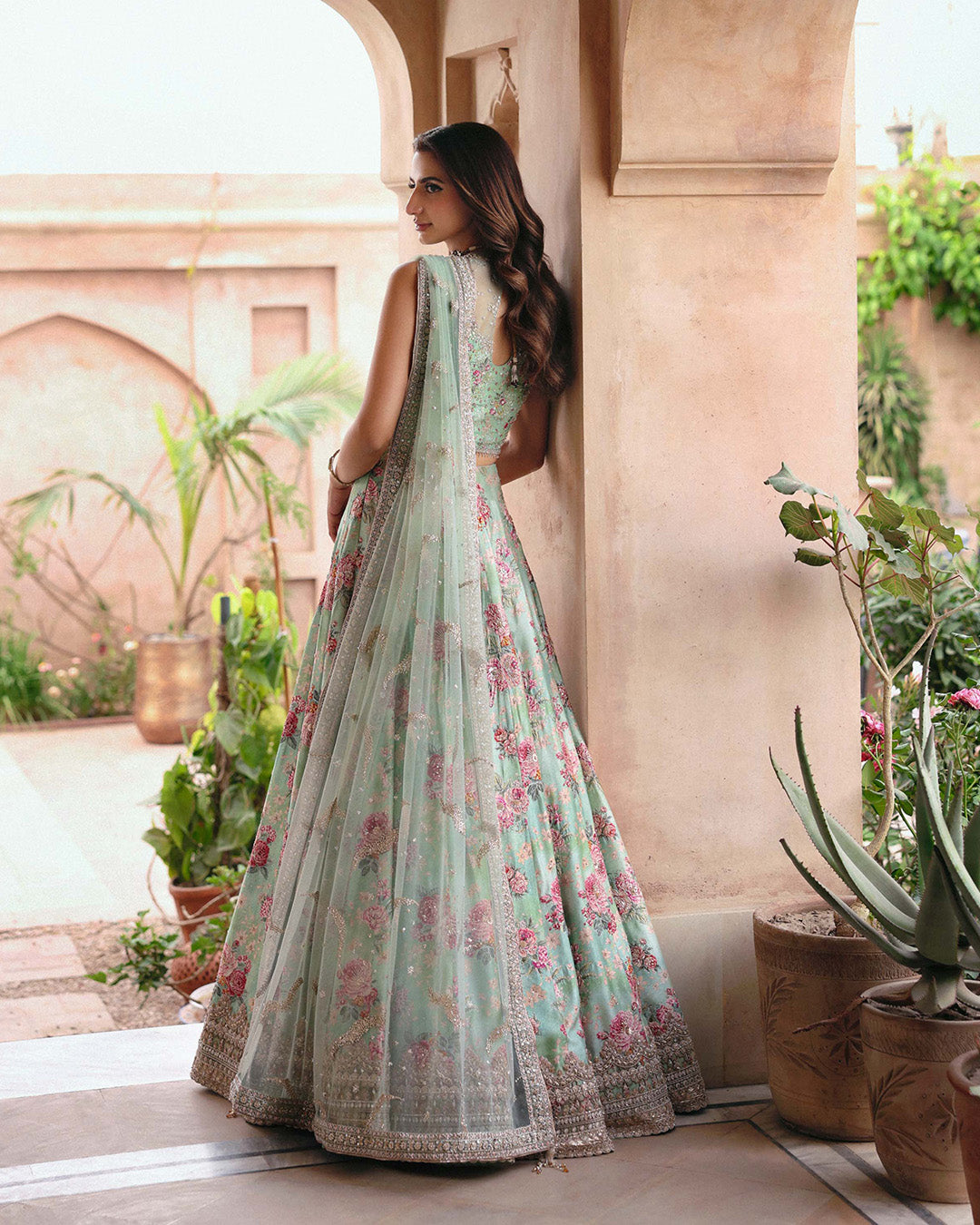 Model Wearing Faiza Saqlain Rosabelle Sea Green Lehnga Choli for wedding wear - Pakistani Designer Wear for Women in UK | Kifat