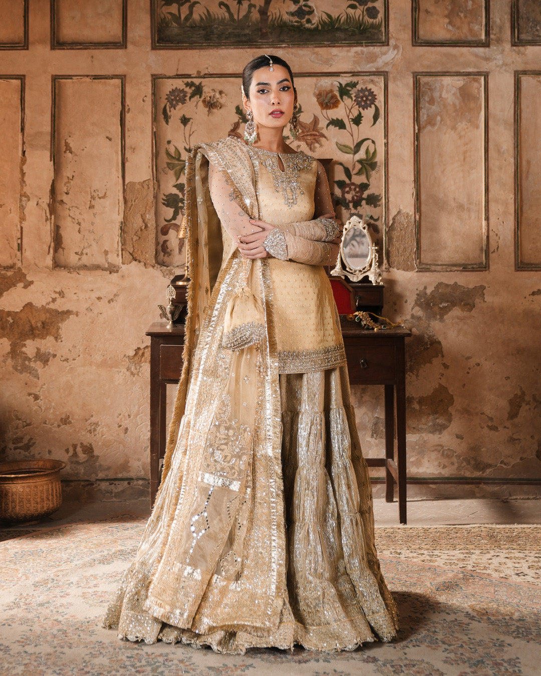 Model Wearing Faiza Saqlain Camillie Gold Shirt with Gharara for wedding wear - Pakistani Designer Wear for Women in UK | Kifat