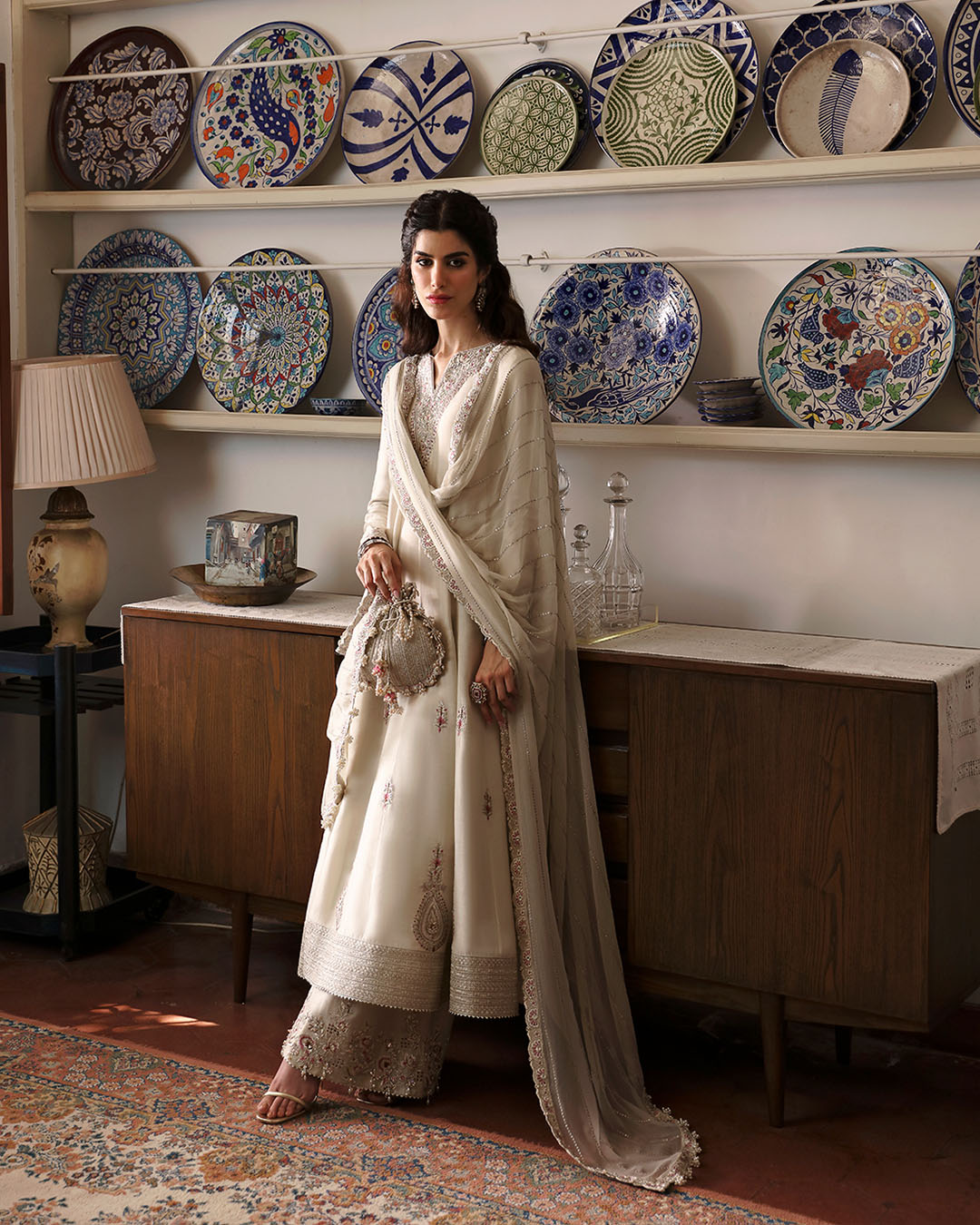 Model Wearing Faiza Saqlain Sabina Ivory Shirt with Culottes for formal events wear - Pakistani Designer Wear for Women in UK | Kifat