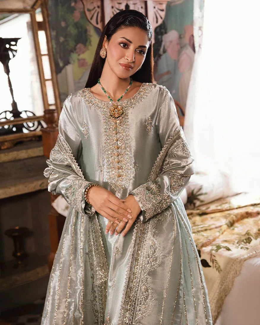 Women Wearing Heer Sea Green Silver Long Shirt for Formal Events - Pakistani Designer Wear for Women in UK | Kifat