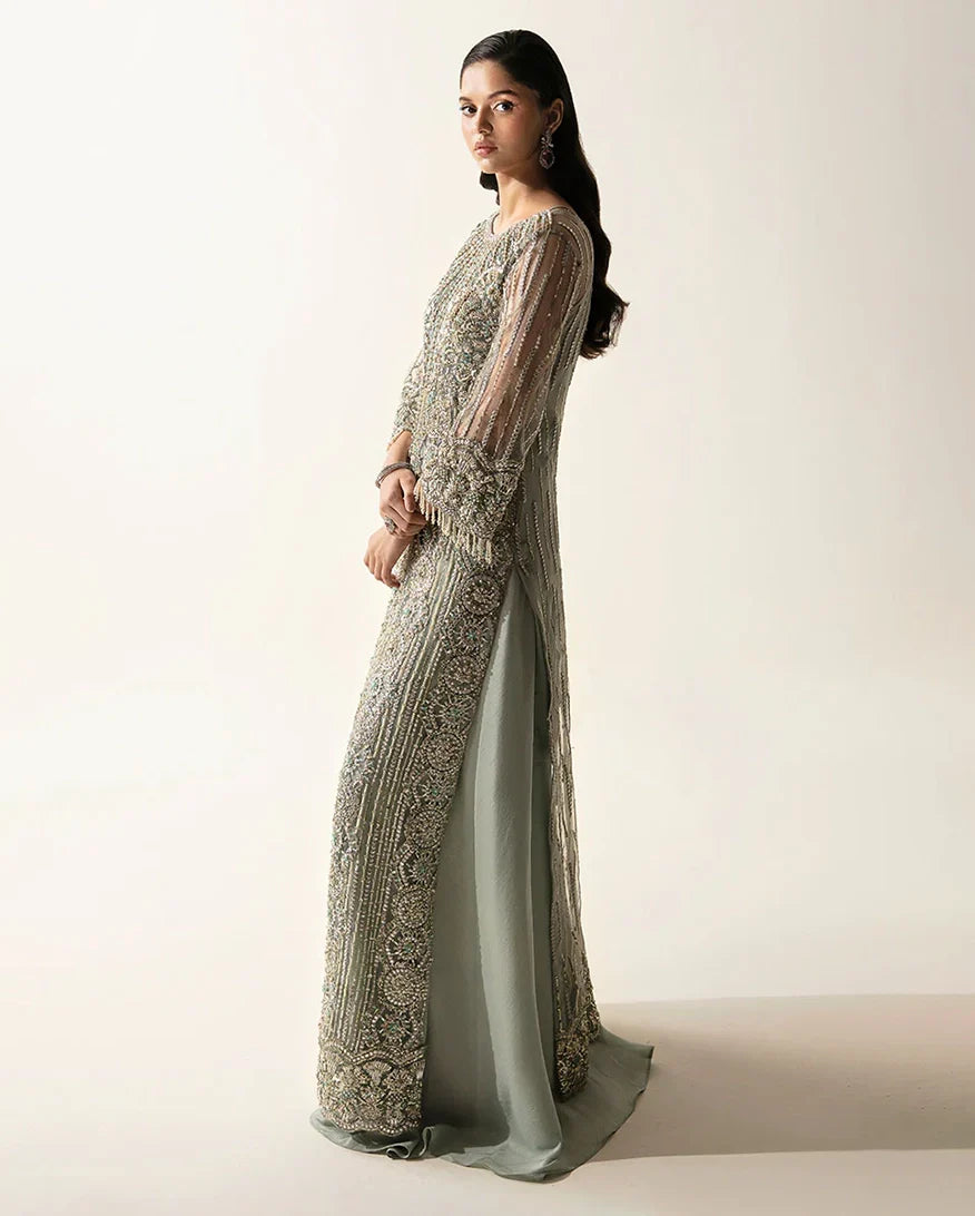 Women Wearing Meline Mint Green Long Shirt for Festive Events - Pakistani Designer Wear for Women in UK | Kifat
