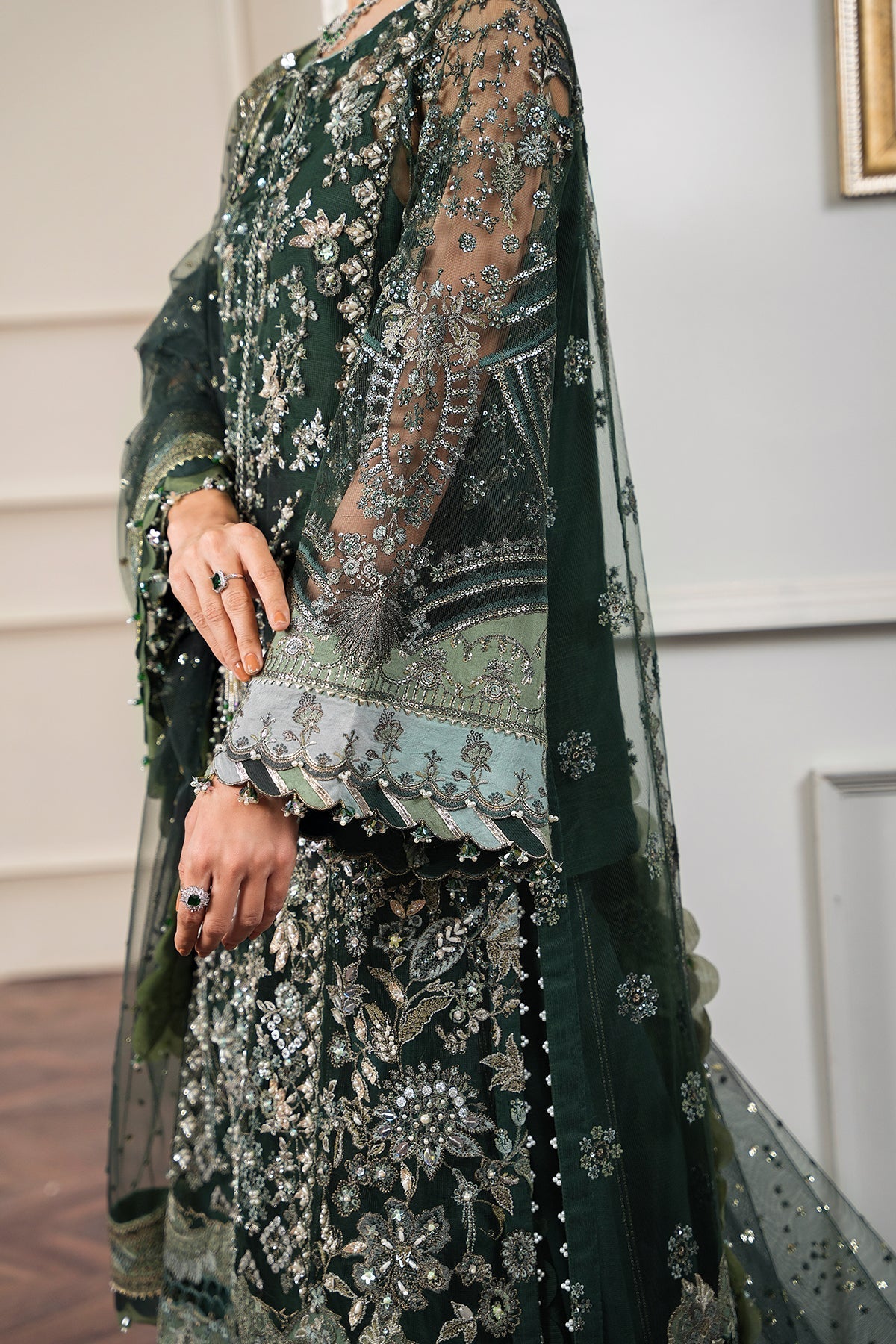 Baroque CH12-05 Green Long Shirt with Sharara,Slit Shirt with Crushed Sharara for Formal Events - Pakistani Designer Wear for Women in UK | Kifat