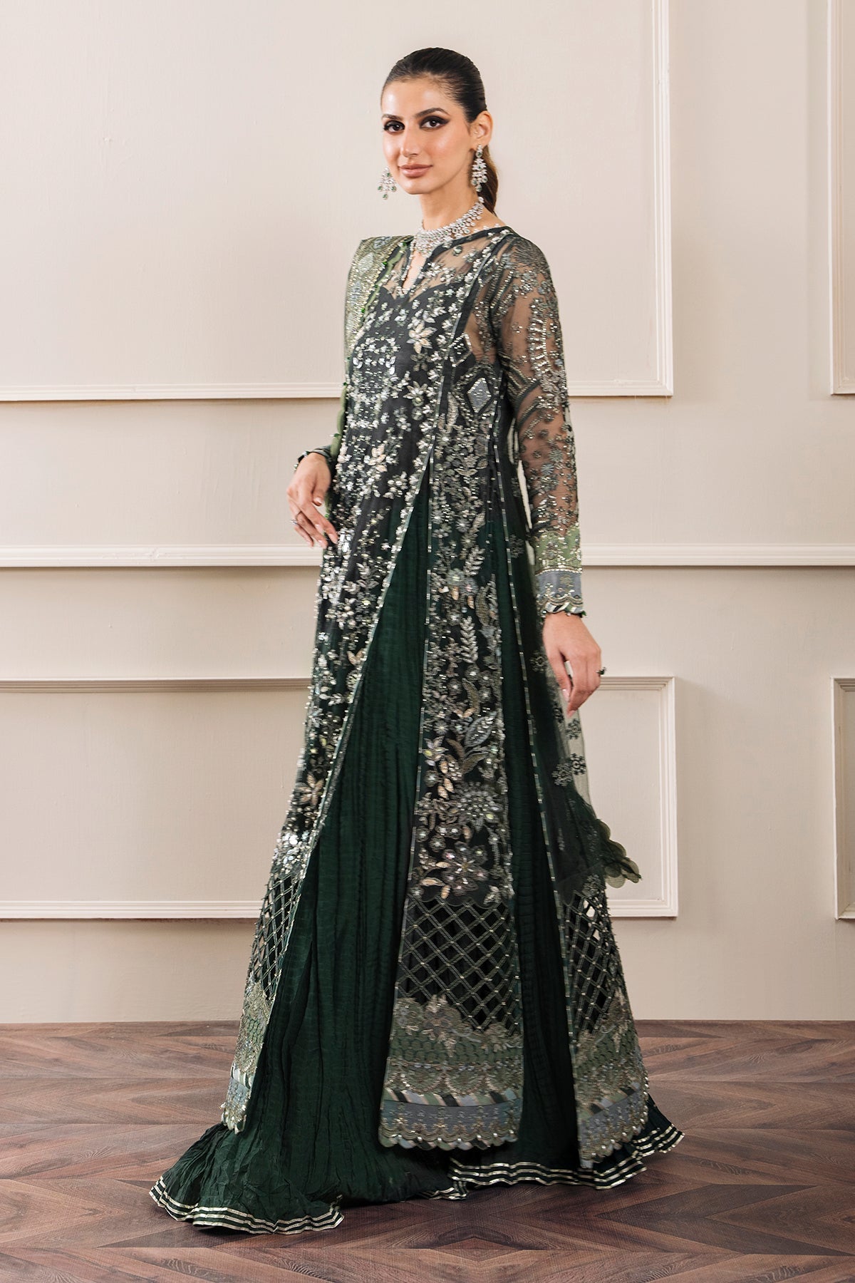 Baroque CH12-05 Green Long Shirt with Sharara,Slit Shirt with Crushed Sharara for Formal Events - Pakistani Designer Wear for Women in UK | Kifat