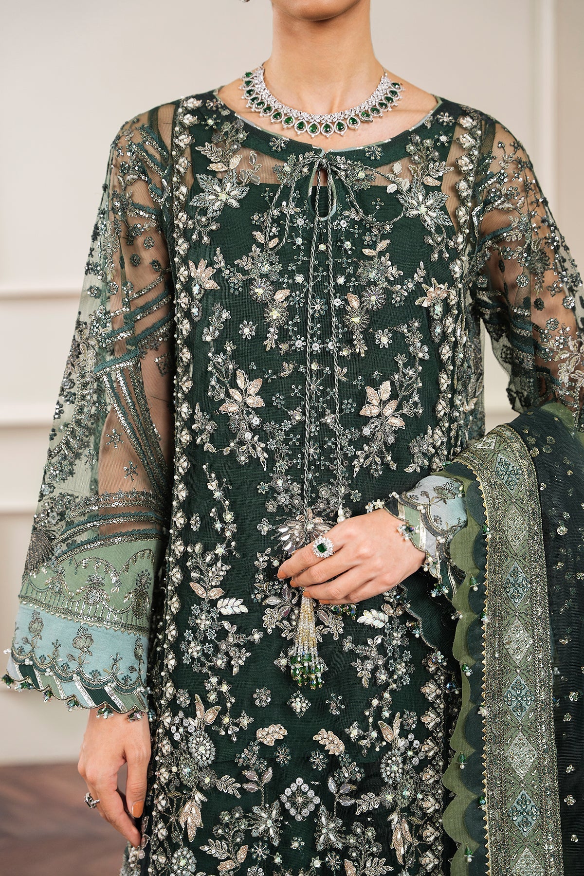 Baroque CH12-05 Green Long Shirt with Sharara,Slit Shirt with Crushed Sharara for Formal Events - Pakistani Designer Wear for Women in UK | Kifat