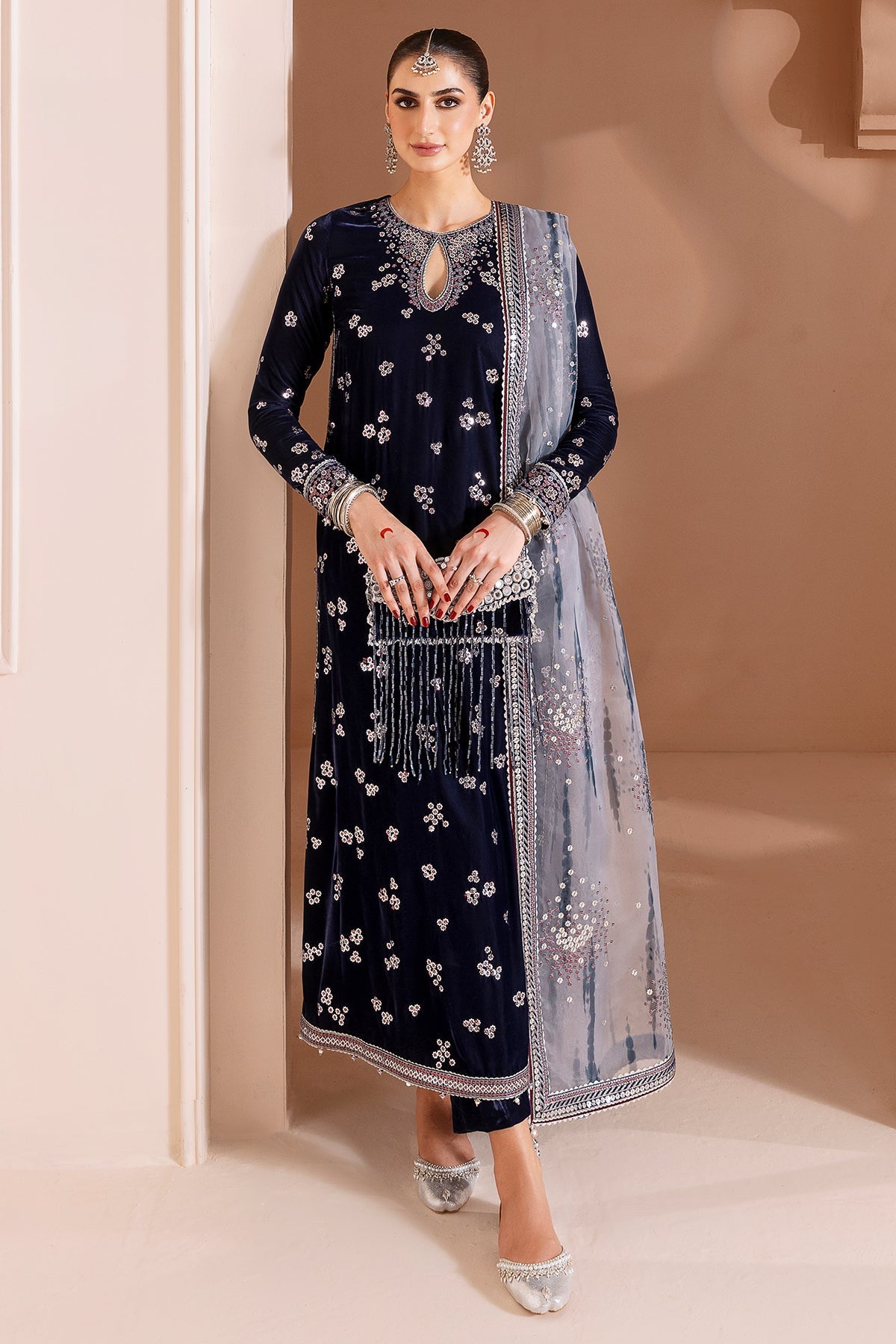 Women Wearing Embroidered Velvet Formal CVF D-03 Grey Long Shirt for Wedding Events - Pakistani Designer Wear for Women in UK | Kifat